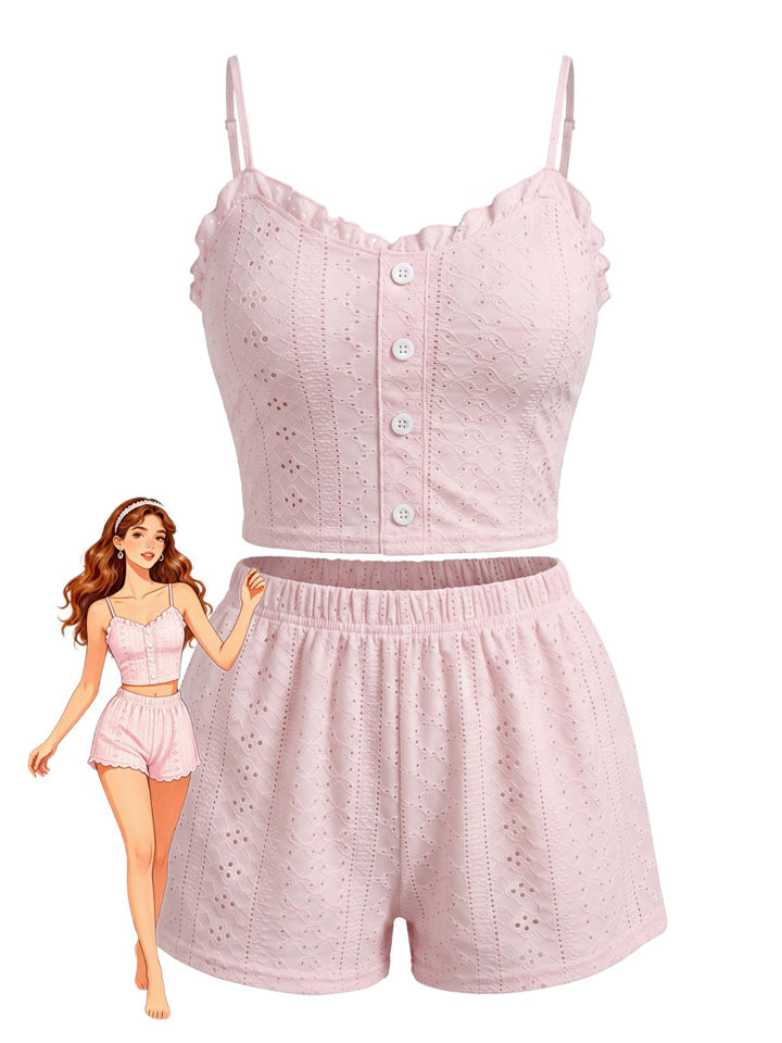 Pink Spaghetti Strap Ruffle Pajama Set 6