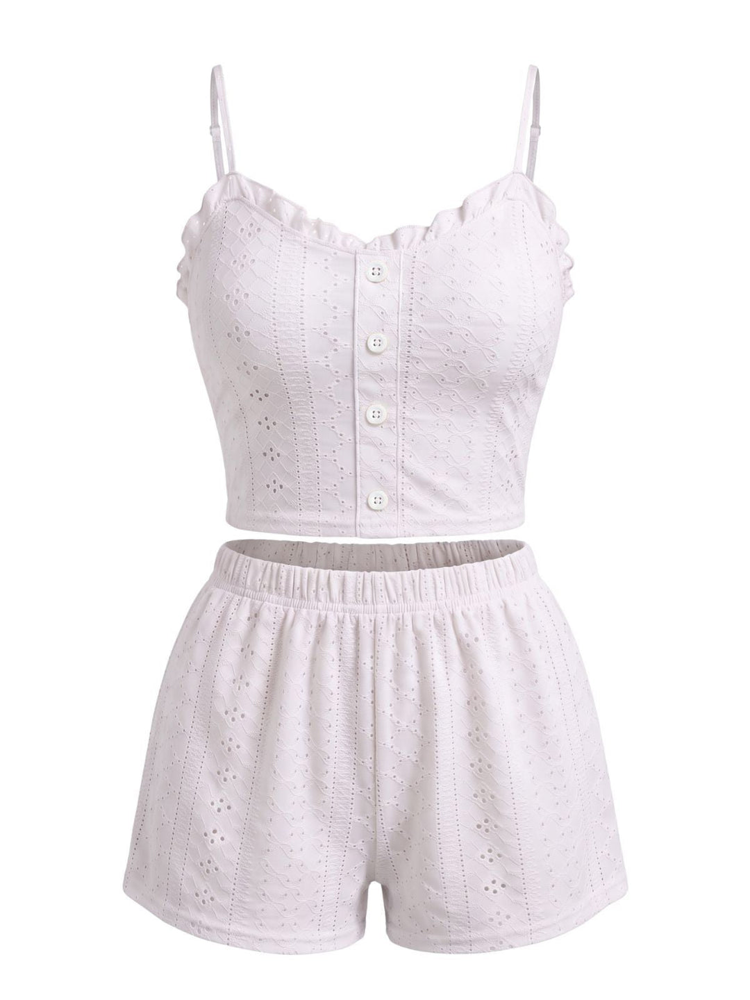 Eyelet Ruffle Spaghetti Strap Button Pajama Set, vintage fashion, retro style - perfect for women who love vintage and retro fashion
