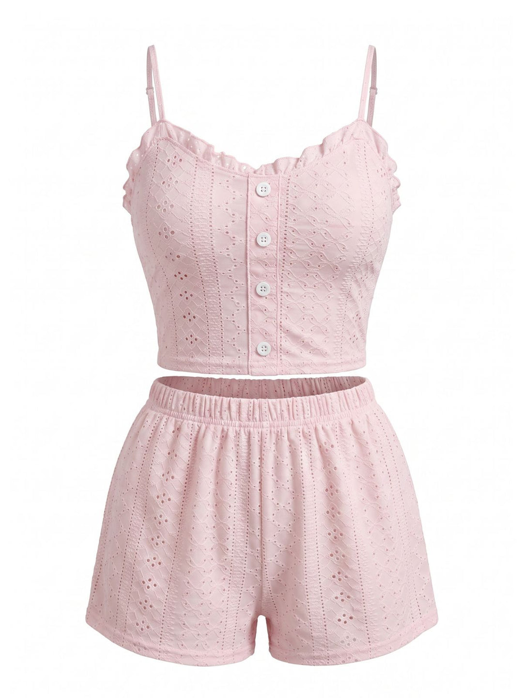 Pink Spaghetti Strap Ruffle Pajama Set 5