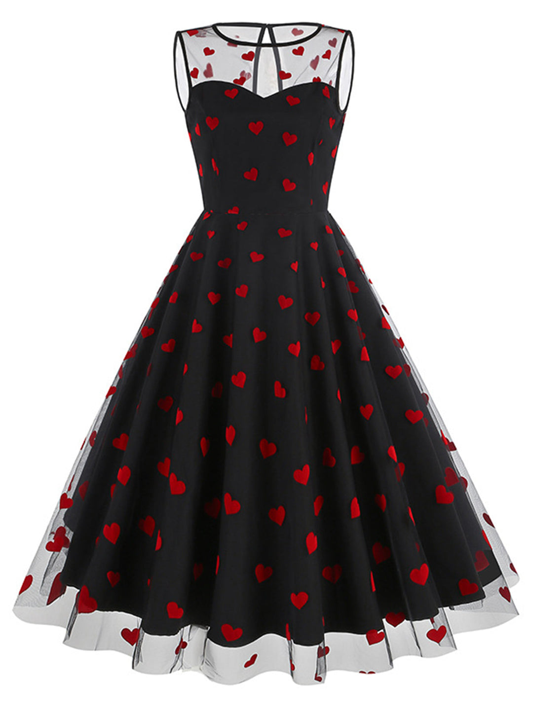 1950s Flocked Heart Mesh Patchwork Dress — a 1950s silhouette that turns sidewalks into runways