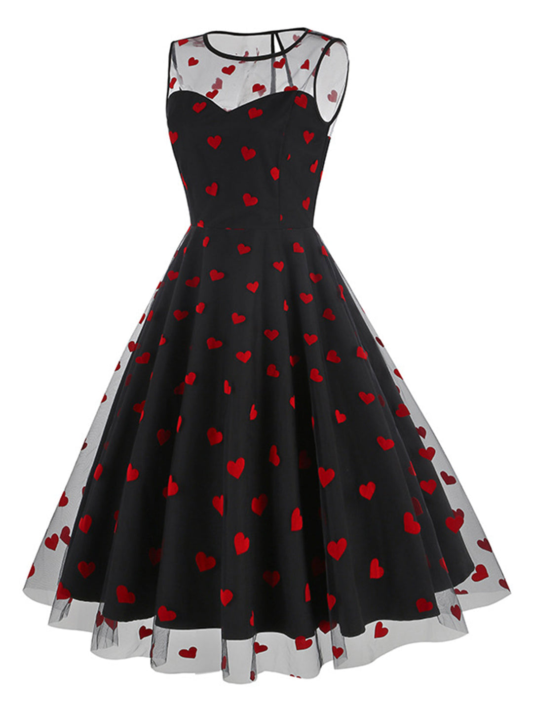 She slips into this 1950s Flocked Heart Mesh Patchwork Dress and suddenly it&