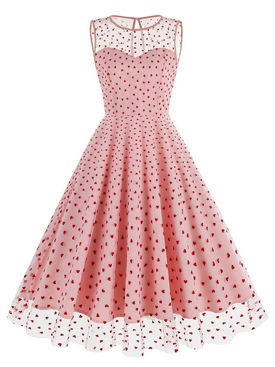 She slips into this 1950s Flocked Heart Mesh Patchwork Dress and suddenly it&