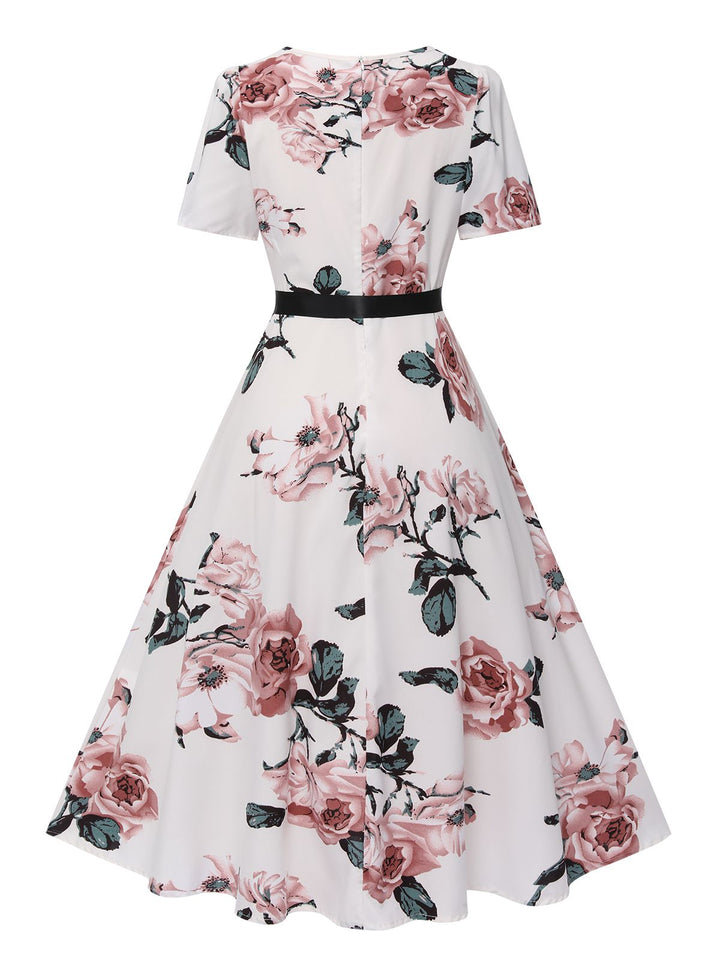 1950s Floral Bow Short Sleeve Swing Dress, vintage dress, retro fashion, rockabilly, pin-up fashion - perfect for women who love vintage and retro fashion