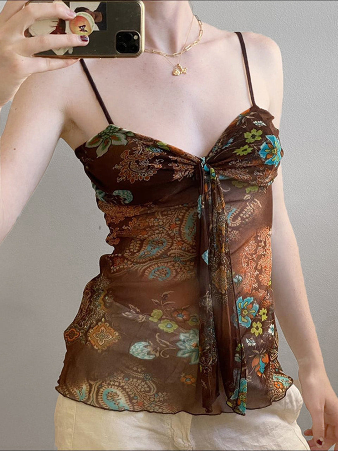 1950s Floral Colorblock Spaghetti Strap Camisole - vintage fashion, retro style