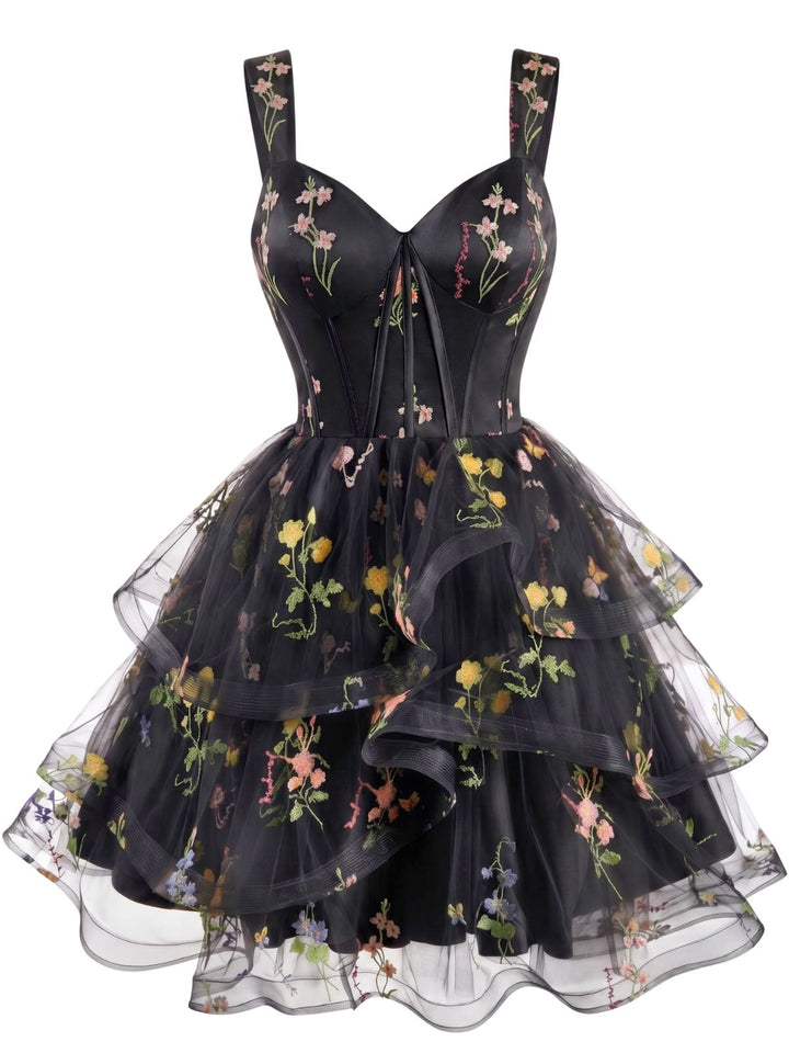 Blue 1930s Floral Mesh Classic Dress