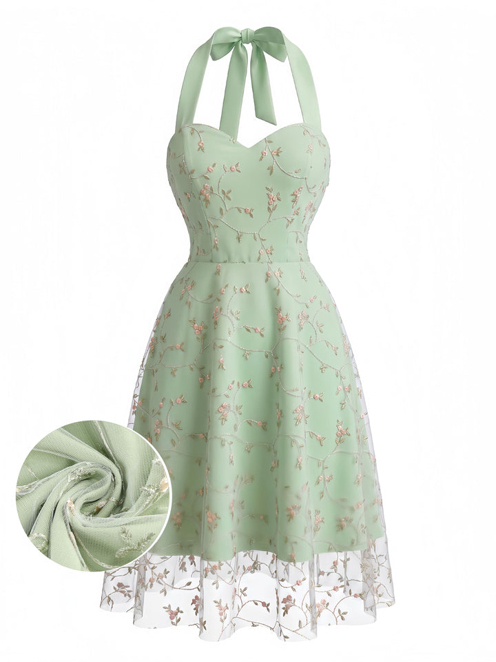 Floral Embroidered Halter Mesh A-line Dress, vintage dress, retro fashion, rockabilly, pin-up fashion - vintage inspired fashion