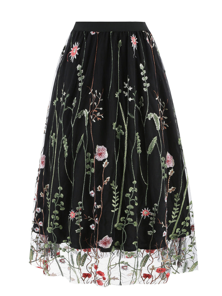 1950s Floral Embroidered Mesh Skirt: timeless style reimagined