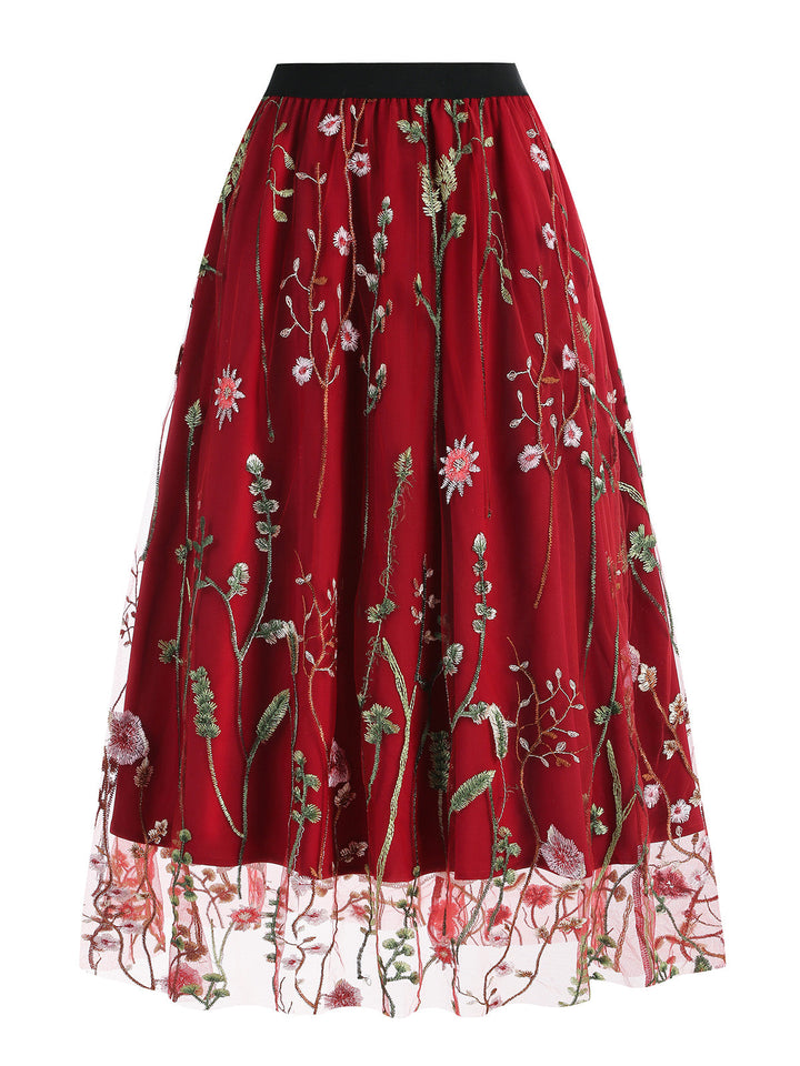 1950s Floral Embroidered Mesh Skirt: timeless style reimagined