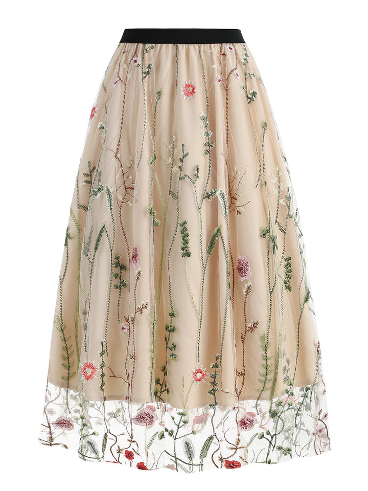 1950s Floral Embroidered Mesh Skirt: timeless style reimagined