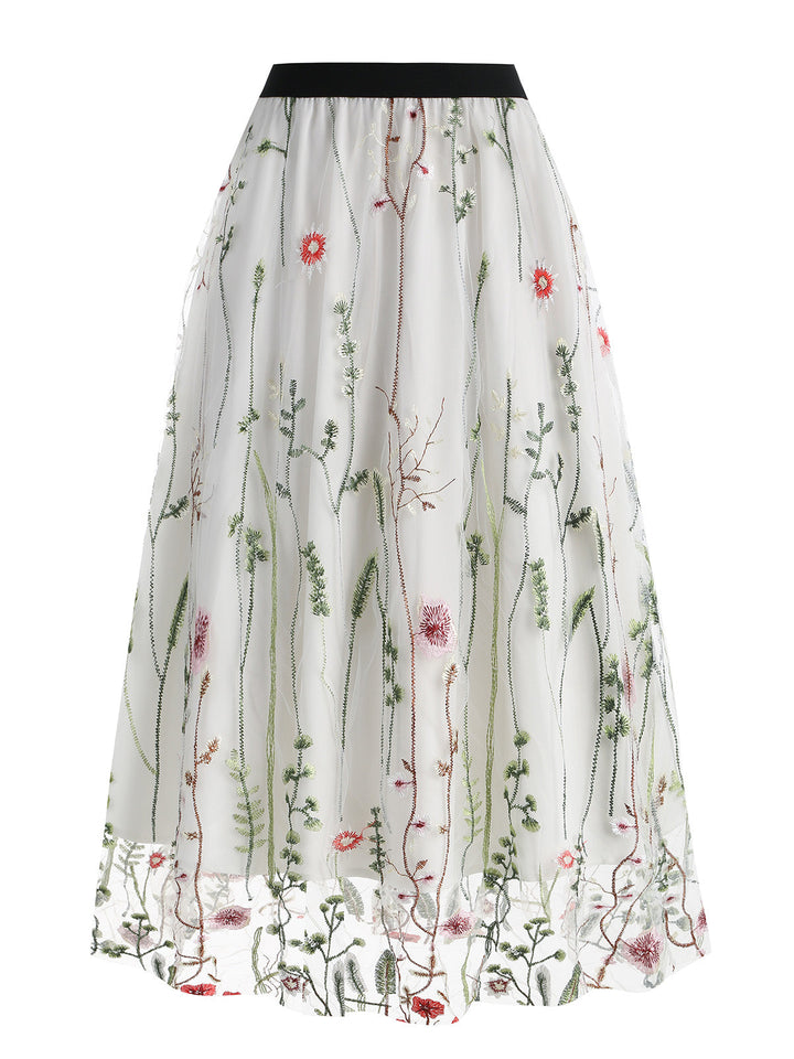 1950s Floral Embroidered Mesh Skirt: timeless style reimagined