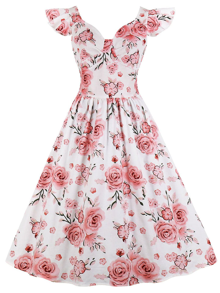 1950s Floral Flare Sleeve Swing Dress, classic 1950s style elegant retro fashion - Image 14