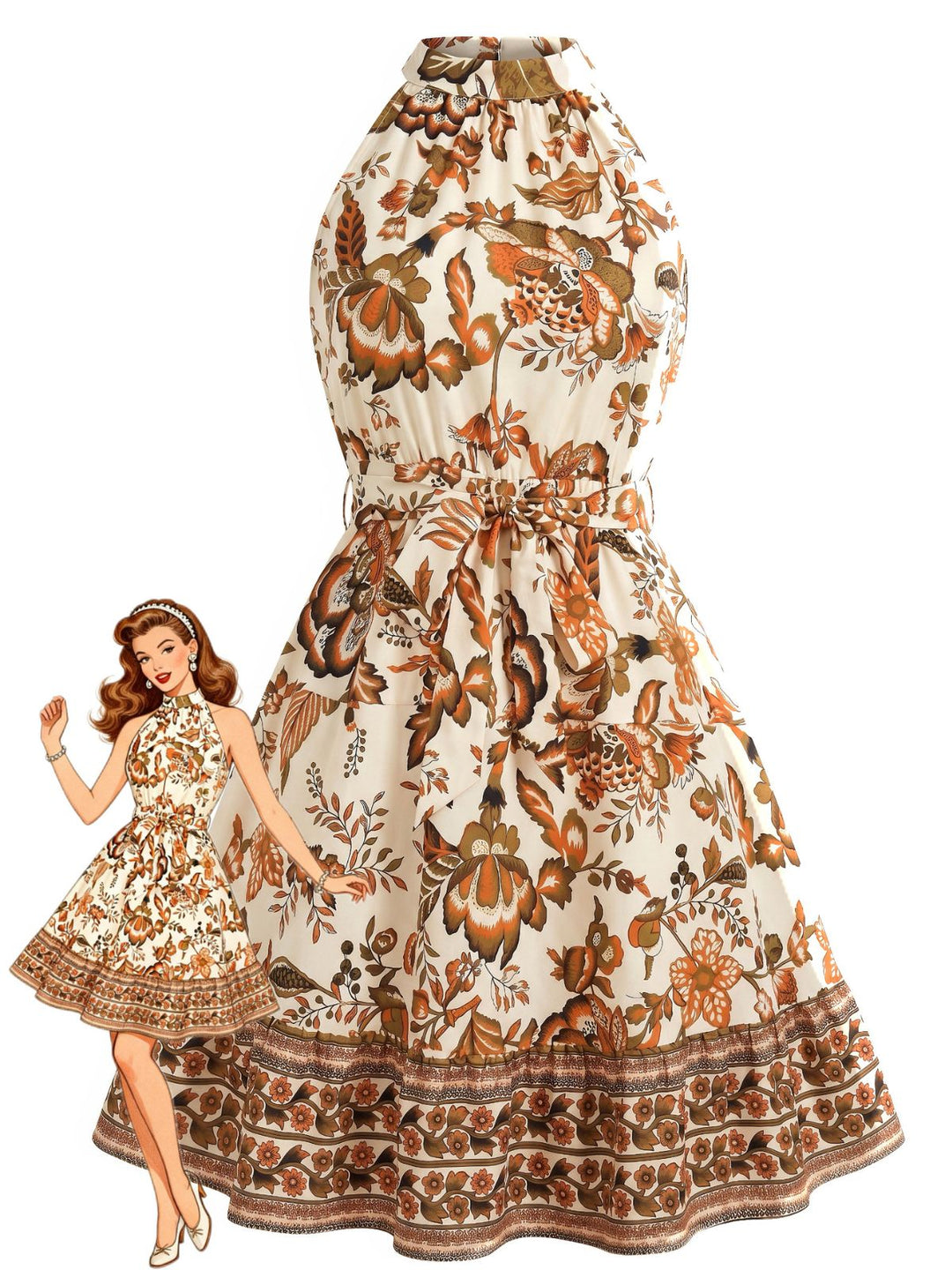 1950s Floral Halter Belted Dress 5
