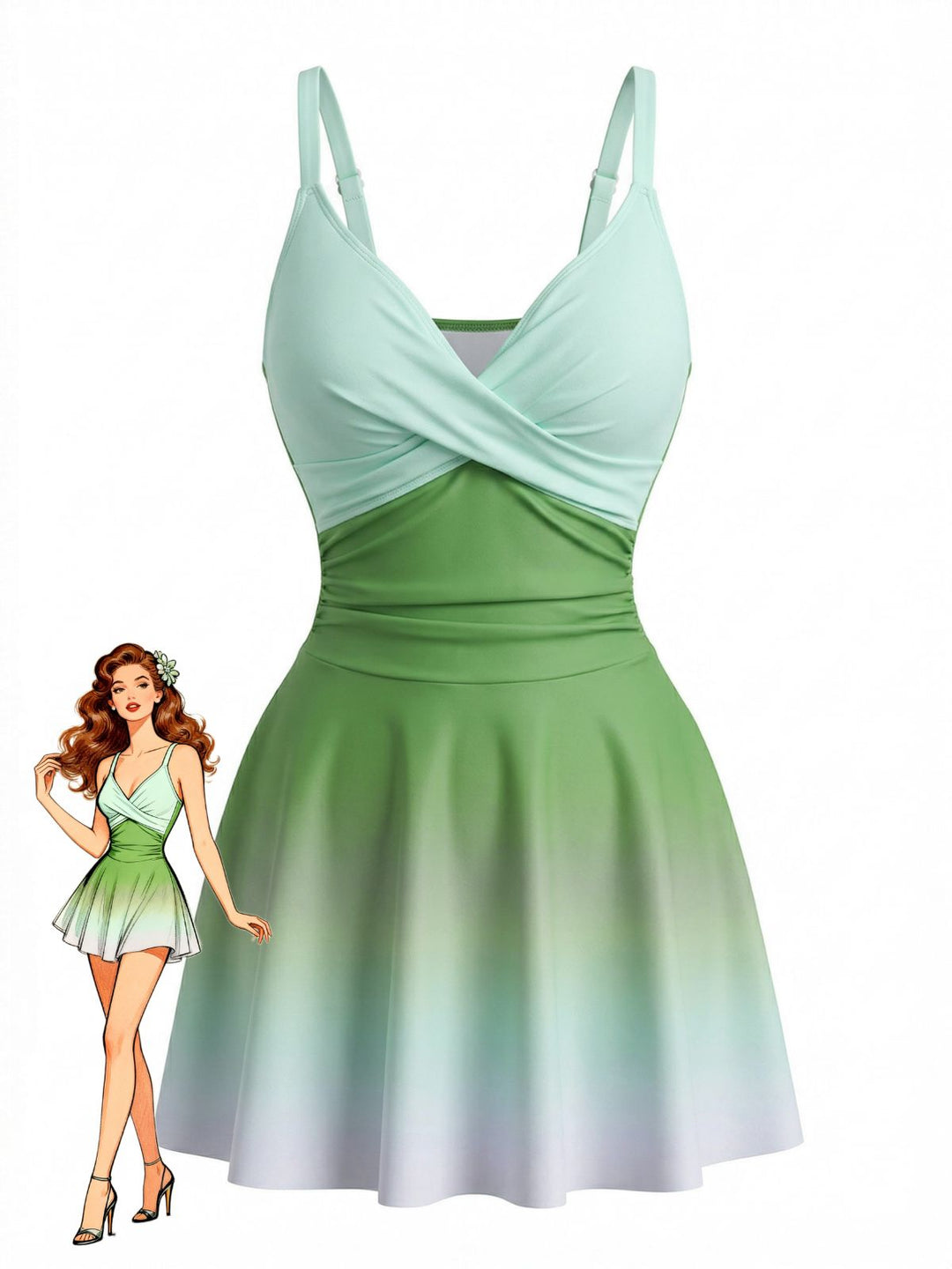 Mirrored Ombre Front Twist One-Piece Swim Dress - vintage dress, retro fashion for vintage lovers