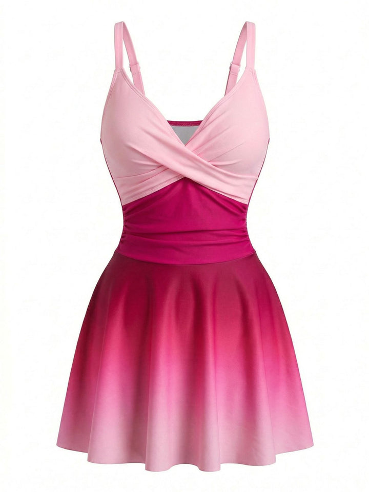 Mirrored Ombre Front Twist One-Piece Swim Dress, vintage dress, retro fashion, women, elegant