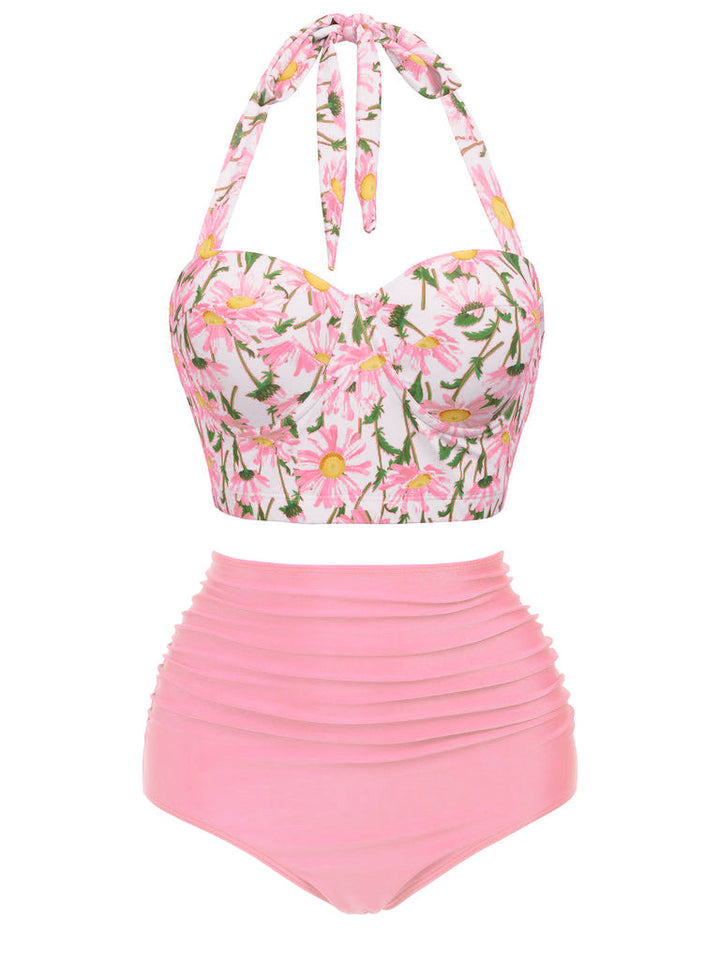 Front view: Pink 1950s Floral Halter Lace-up Bikini Set, vintage swimwear