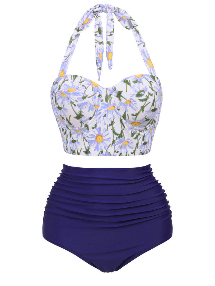 1950s Floral Halter Lace-up Bikini Set - vintage fashion, retro style