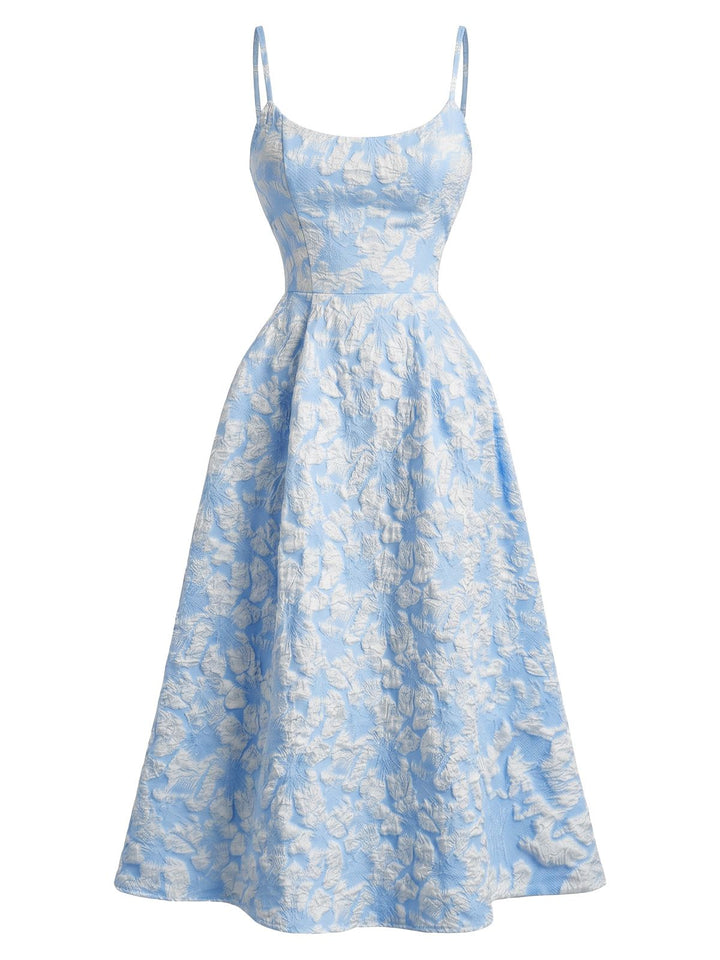 Yellow 1950s Floral Jacquard Textured Spaghetti Strap Midi Dress, vintage dress, retro fashion, rockabilly, pin-up fashion - perfect for women who love vintage and retro fashion