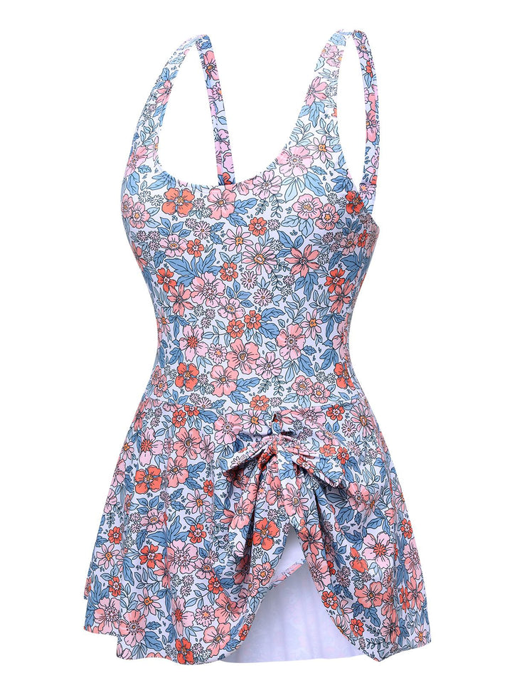1950s Floral Knot Wide Strap Skirt Swimsuit: 1950s Riviera elegance, reimagined for her