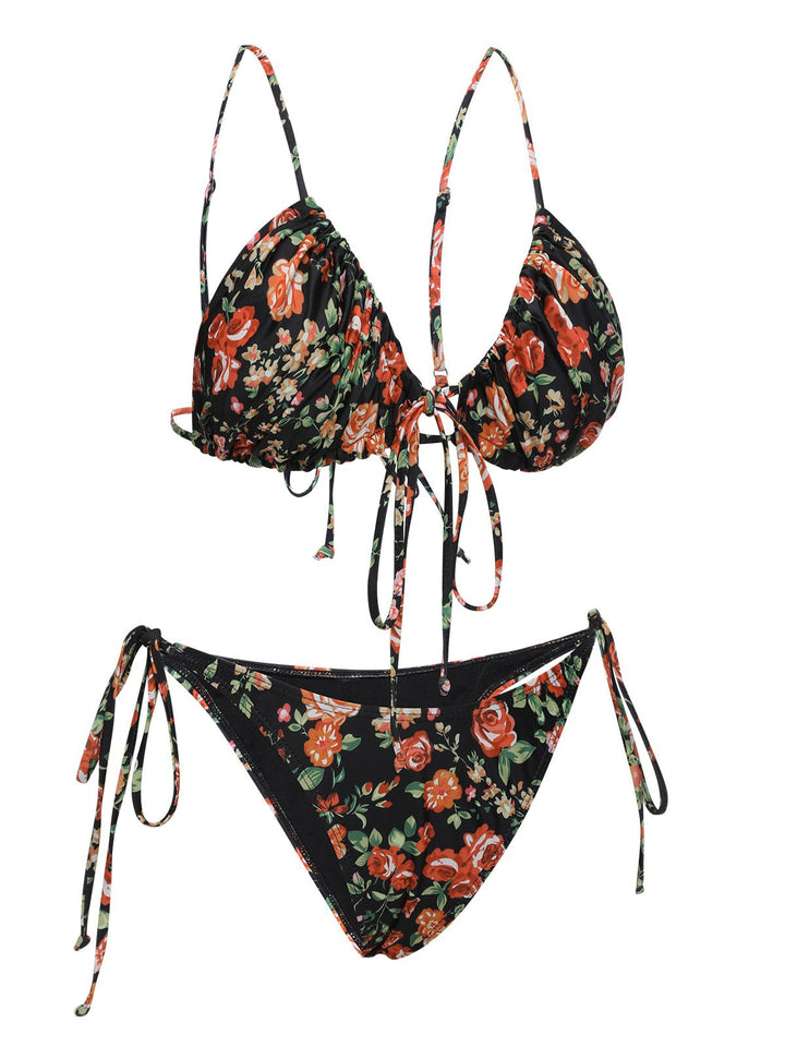 1950s Floral Lace-Up Spaghetti Strap Bikini Set, vintage swimsuit, pin-up swimwear - perfect for women who love vintage and retro fashion
