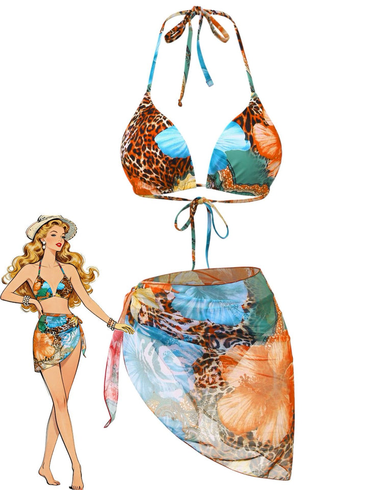 1950s Floral Leopard Halter Bikini Set &amp; Cover-Up - vintage fashion, retro style