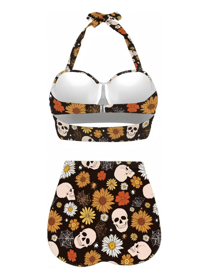 Floral Print Lace-Up Halter Swimsuit - vintage swimwear, retro swimsuit, style for vintage lovers