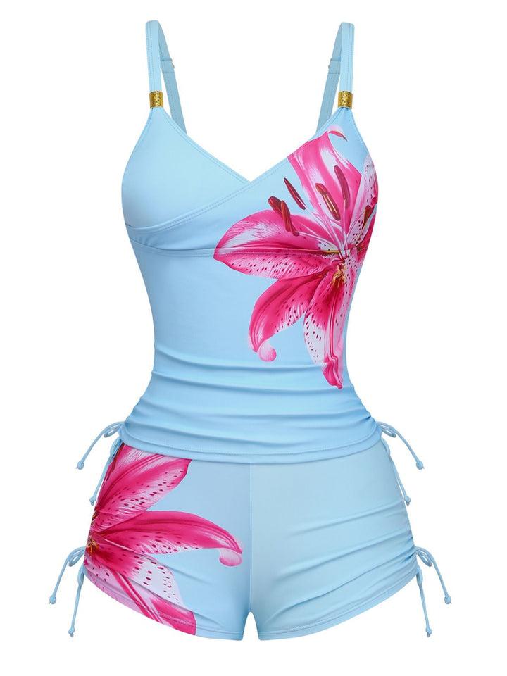 1950s Floral Solid Lace-Up Tankini Set - vintage fashion, retro style