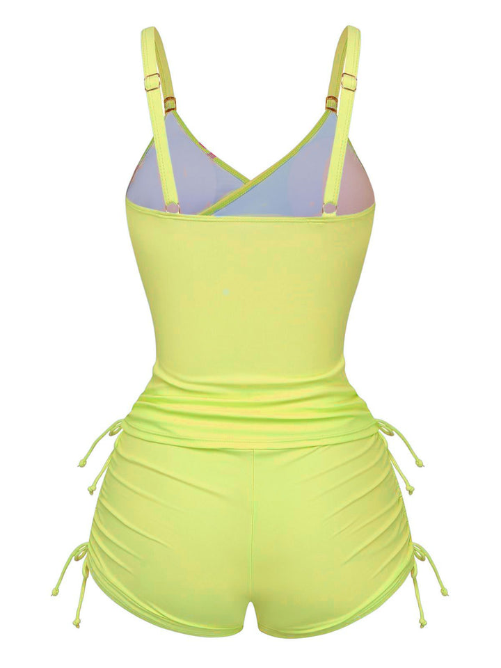 1950s Floral Solid Lace-Up Tankini Set - vintage fashion, retro style