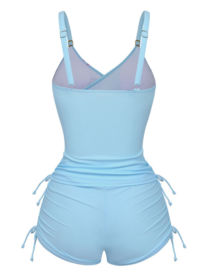 1950s Floral Solid Lace-Up Tankini Set - vintage fashion, retro style