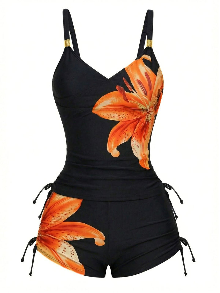 1950s Floral Solid Lace-Up Tankini Set - vintage fashion, retro style