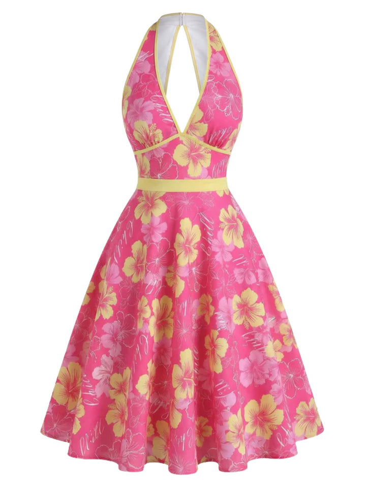 Rose Pink 1950s Floral V-Neck Dress, vintage dress, retro fashion, rockabilly, pin-up fashion - perfect for women who love vintage and retro fashion