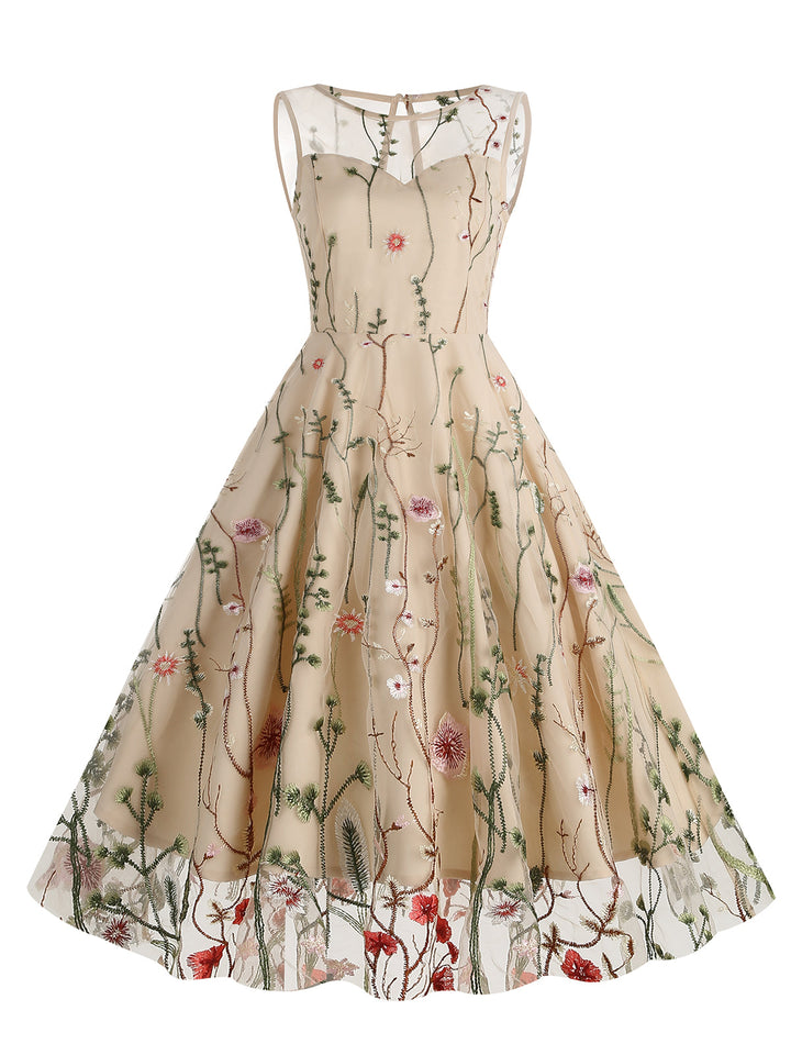 1950s Flower Gauze Sleeveless Swing Dress — vintage elegance for the modern woman