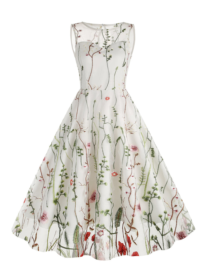 1950s Flower Gauze Sleeveless Swing Dress: timeless style reimagined