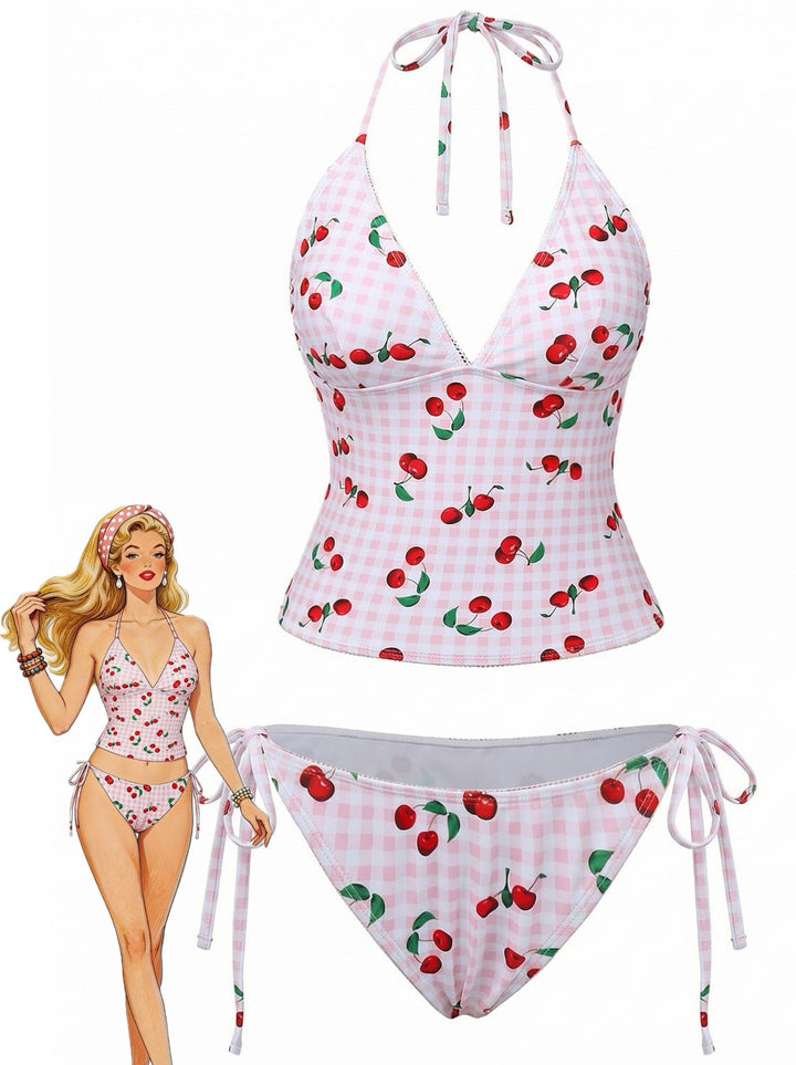 1950s Gingham Cherry Print Halter Tankini Set - vintage fashion, retro style