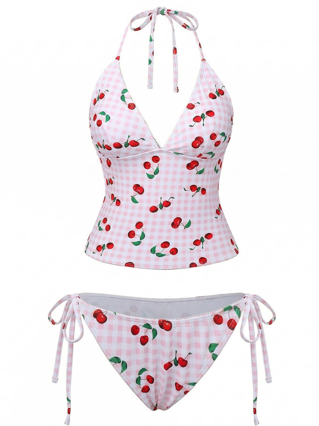 1950s Gingham Cherry Print Halter Tankini Set - vintage fashion, retro style