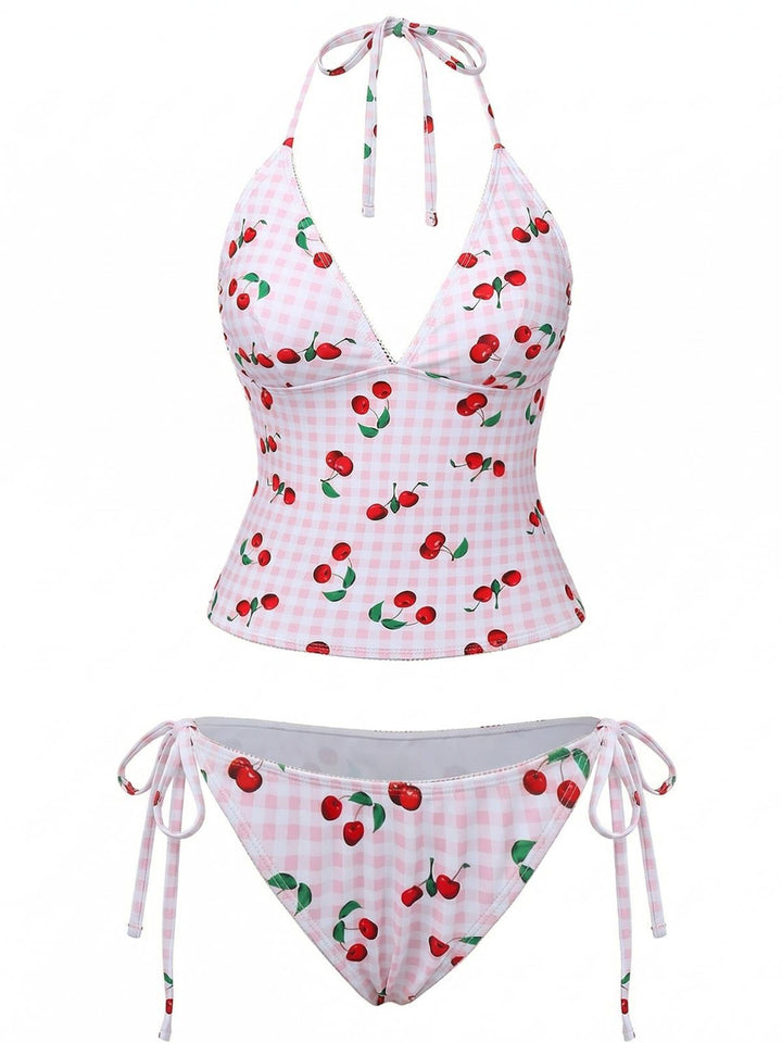 1950s Gingham Cherry Print Halter Tankini Set - vintage fashion, retro style