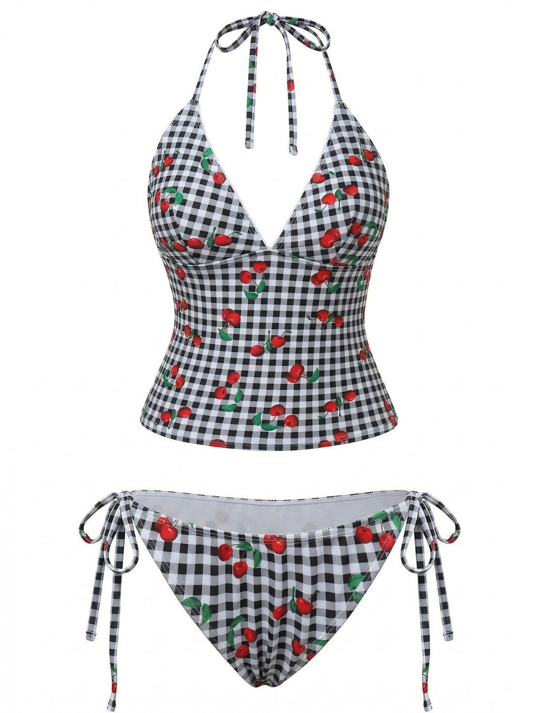 1950s Gingham Cherry Print Halter Tankini Set - vintage fashion, retro style