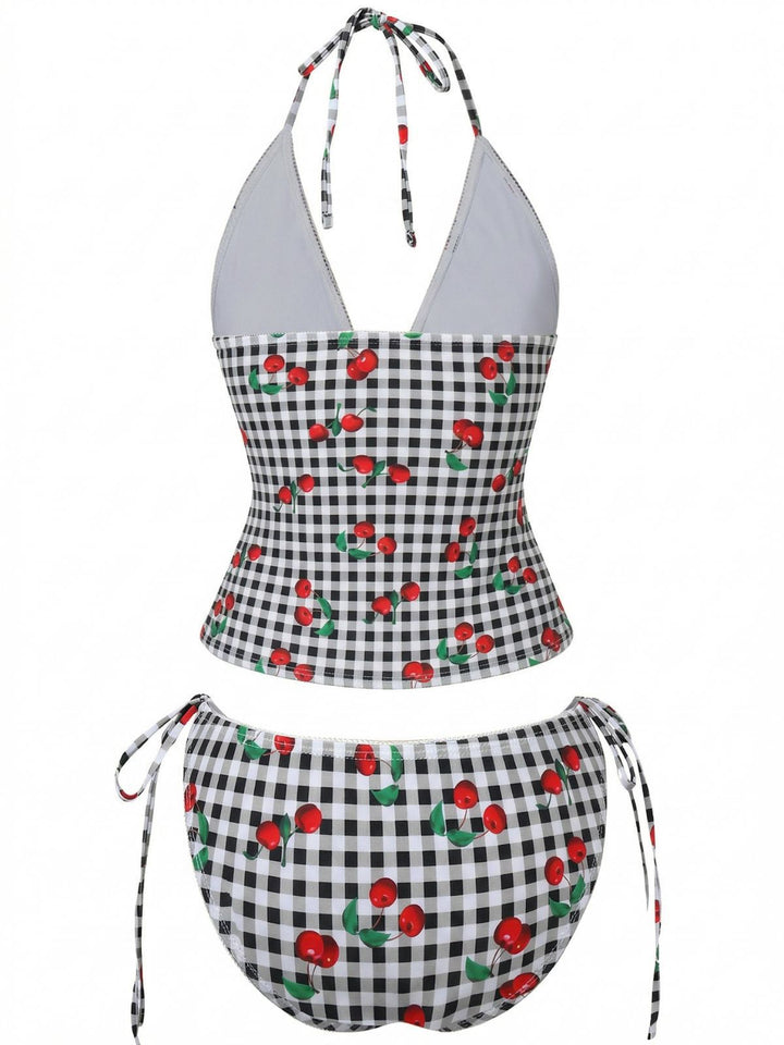 1950s Gingham Cherry Print Halter Tankini Set - vintage fashion, retro style