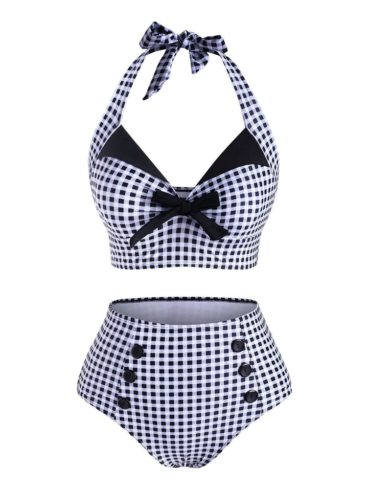 Gingham Halter Bowknot Bikini Set - vintage fashion, retro style