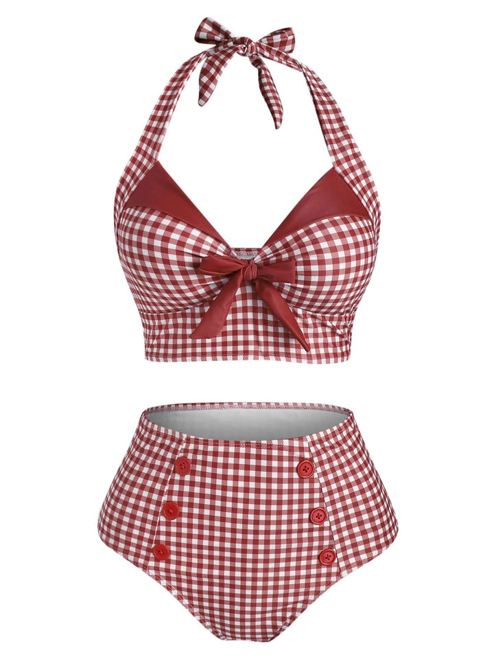 Gingham Halter Bowknot Bikini Set - vintage fashion, retro style