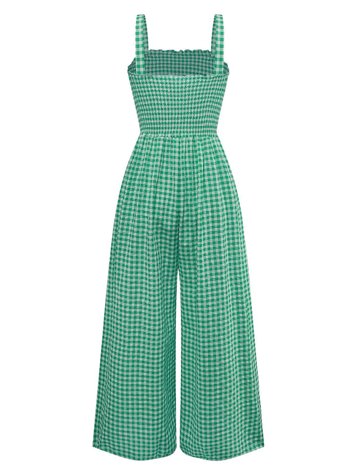 1950s Gingham Plaid Smocked Strap Jumpsuit - vintage jumpsuit, retro fashion