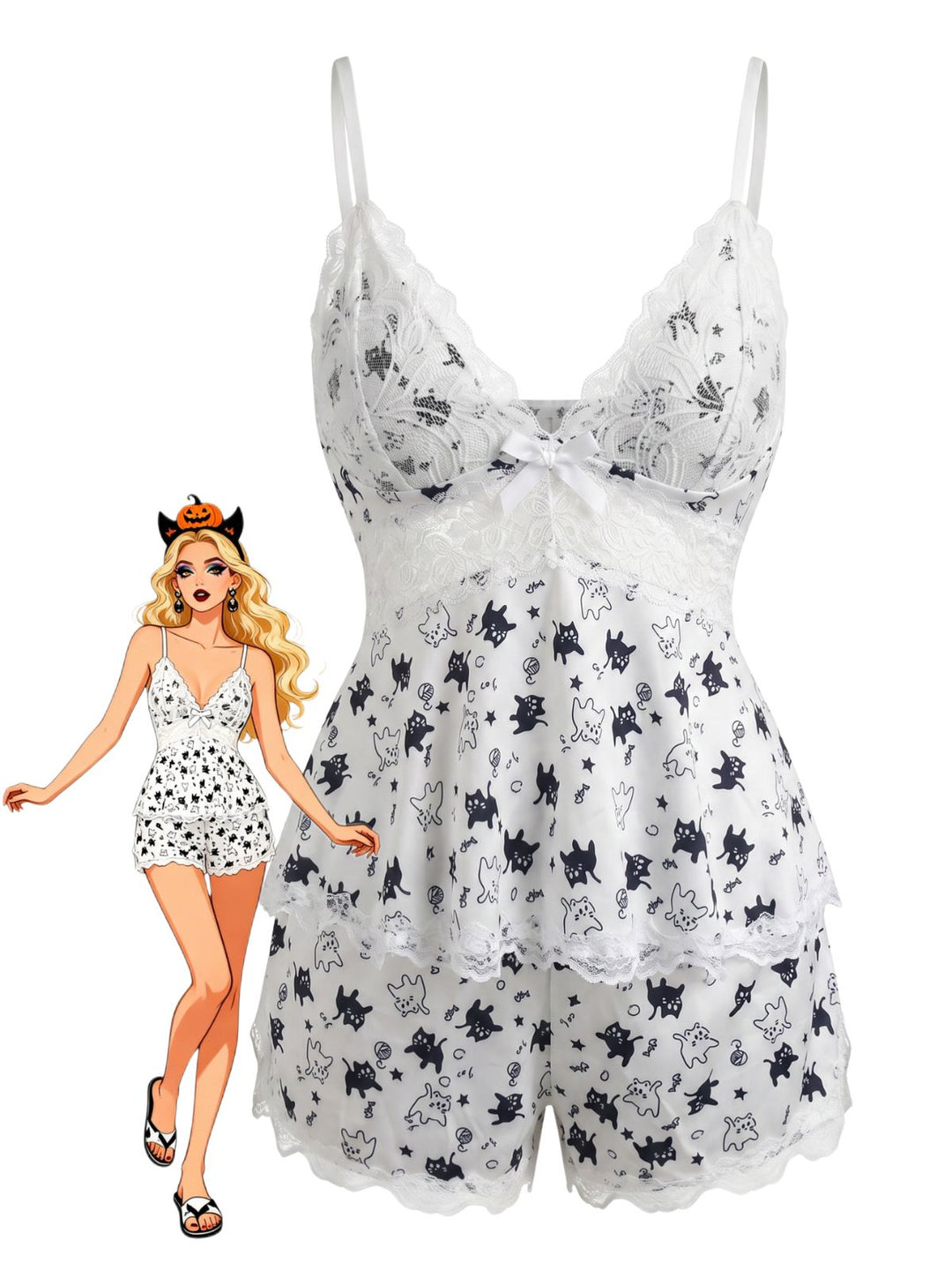 White 1950s Floral Lace Bow Nightgown 6