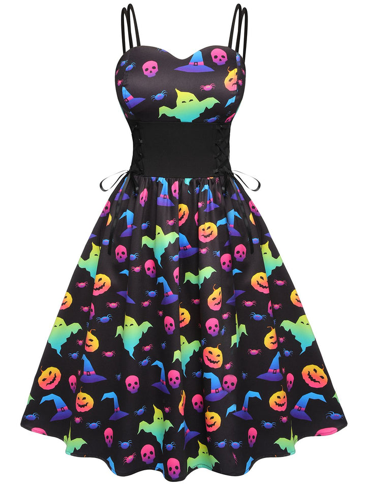 1950s Halloween Colorful Print Strap Dress, vintage dress, retro fashion, rockabilly, pin-up fashion - perfect for women who love vintage and retro fashion