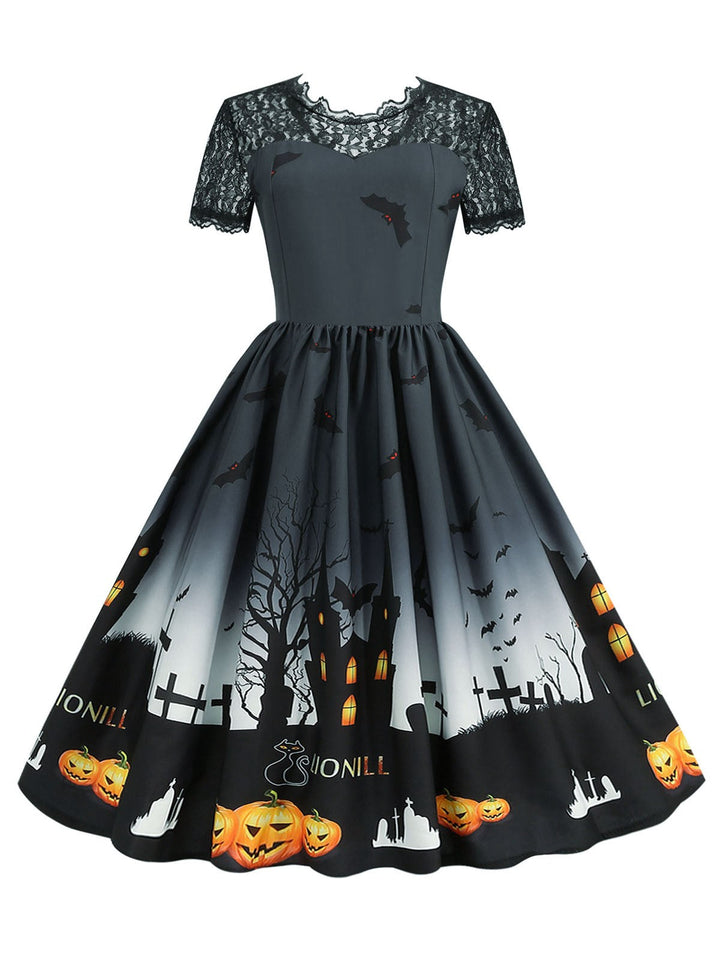 She slips into this 1950s Halloween Lace Patchwork Short Sleeves Dress and suddenly it&
