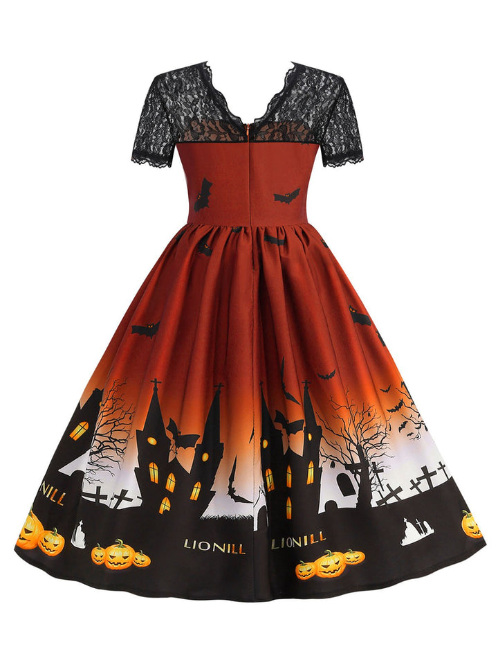 She slips into this 1950s Halloween Lace Patchwork Short Sleeves Dress and suddenly it&