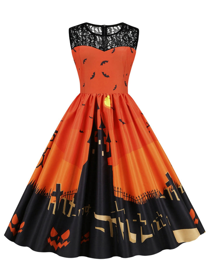 She slips into this 1950s Halloween Lace Patchwork Sleeveless Dress and suddenly it&
