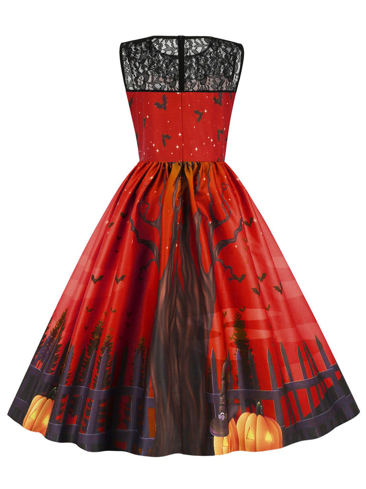 She slips into this 1950s Halloween Lace Patchwork Sleeveless Dress and suddenly it&