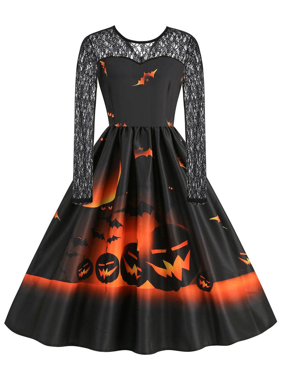 She slips into this 1950s Halloween Lace Sleeves Patchwork Dress and suddenly it&