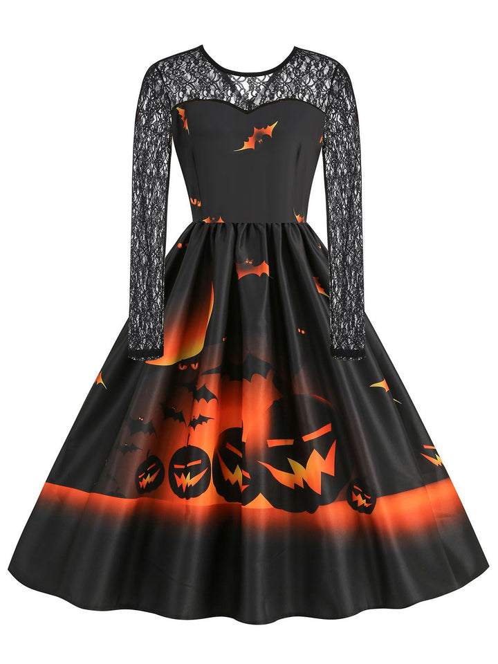 She slips into this 1950s Halloween Lace Sleeves Patchwork Dress and suddenly it&