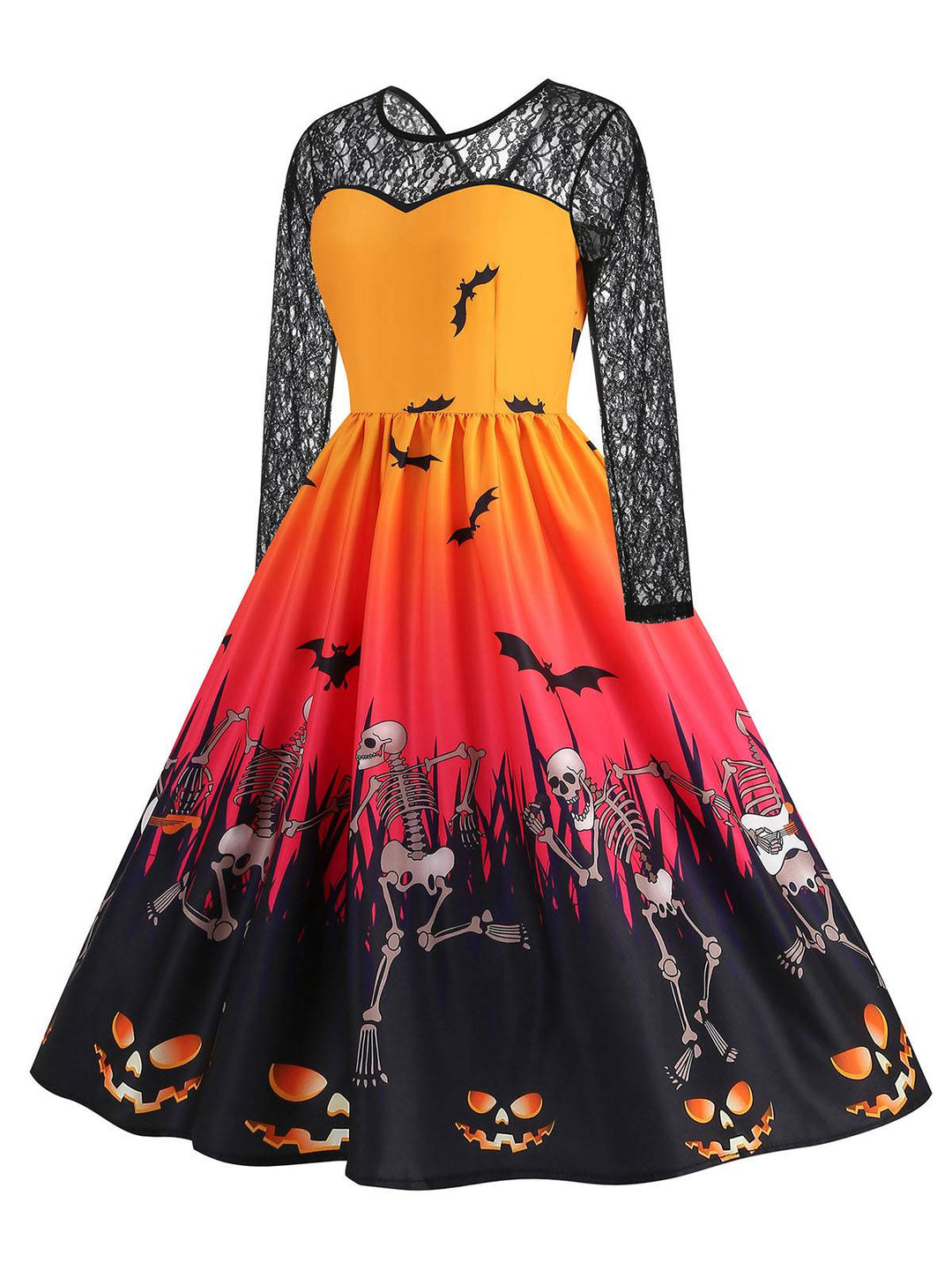 1950s Halloween Lace Sleeves Patchwork Dress — a 1950s silhouette that turns sidewalks into runways
