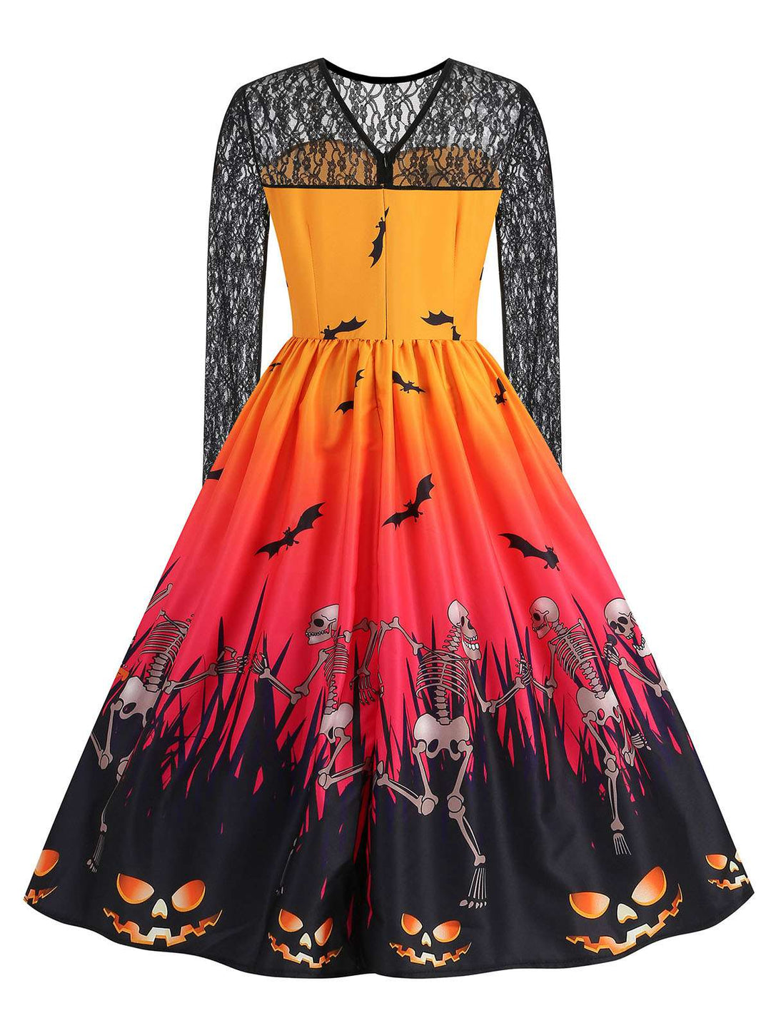 She slips into this 1950s Halloween Lace Sleeves Patchwork Dress and suddenly it&